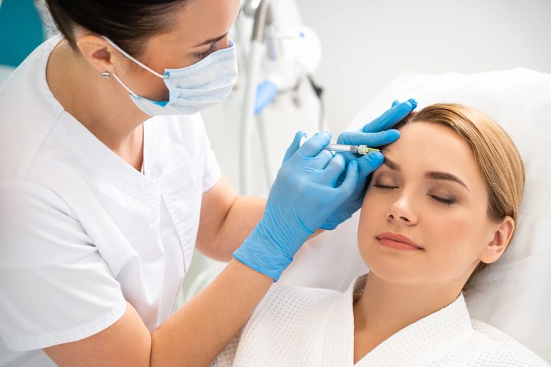 Cropped photo of cosmetologist wearing a facial mask and blue rubber gloves. She is holding syringe in hand and making beauty injection for her client. Cosmetology concept