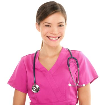 Smiling nurse in pink scrubs with a stethoscope around her neck.