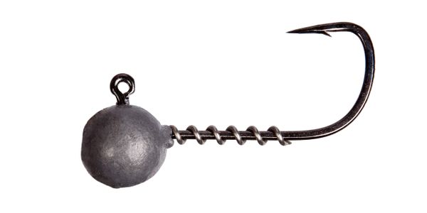 A single metal fishing jig head with a sharp hook and spiral shank.