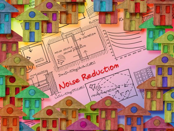 Colorful wooden houses surrounding noise reduction diagrams.