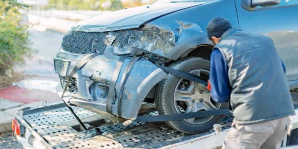 Man securing a damaged car on a tow truck.