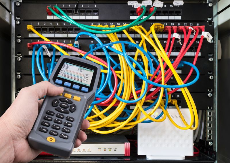Data signal measurement. Diagnostic tester. Colorful cables connected in patch panels of rack case. Working IT specialist. Problem detection. Professional maintenance