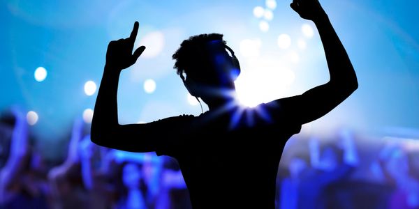 Silhouette of a person dancing at a lively concert or festival.