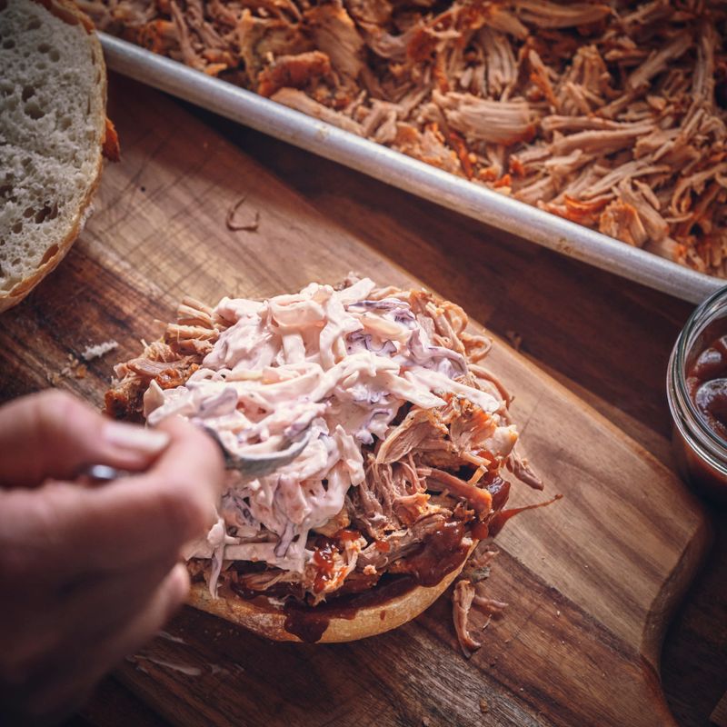 Pulled Pork Wrap Sandwich with Coleslaw Salad and Barbecue Sauce