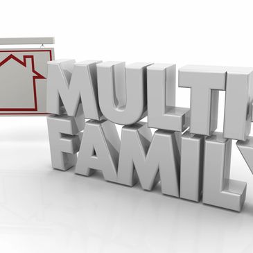 3D text of 'MULTI-FAMILY' with a house sign in the background.