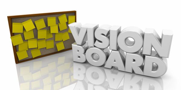 A vision board with sticky notes and bold 3D text.
