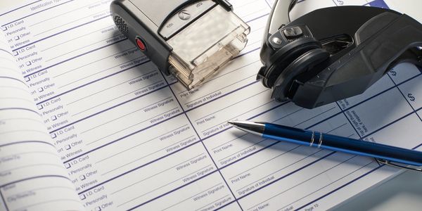 Document with a pen, stamp, and headset on a white surface.