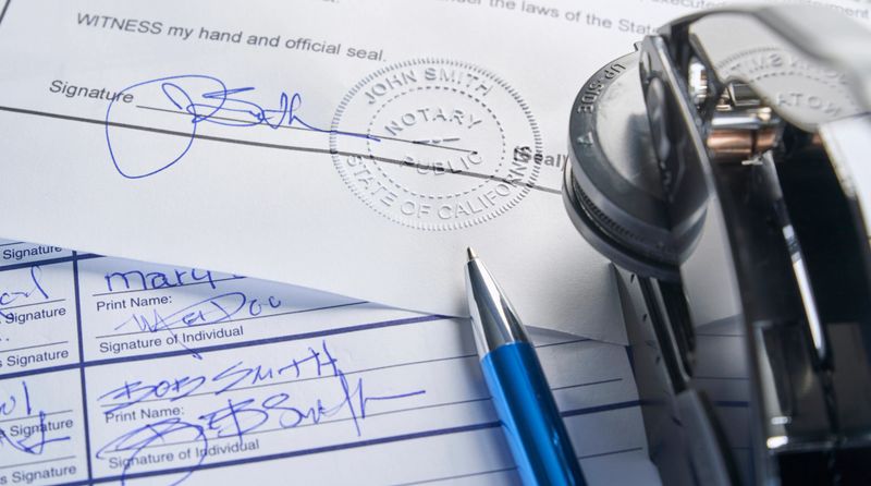 Notary Public: Seal embossed on document with pen