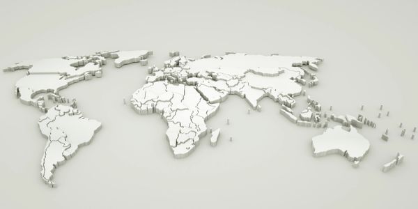3D white relief map of the world showing country borders.