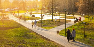 Park pathway with people walking in sunset light.