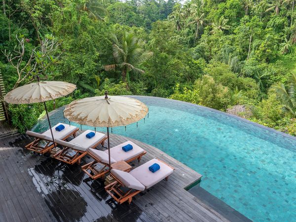 Infinity pool with sun loungers and umbrellas overlooking lush jungle.