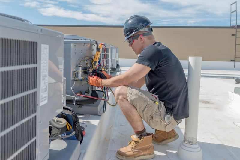 Hvac technician working on a condenser with the electrical access panel off.