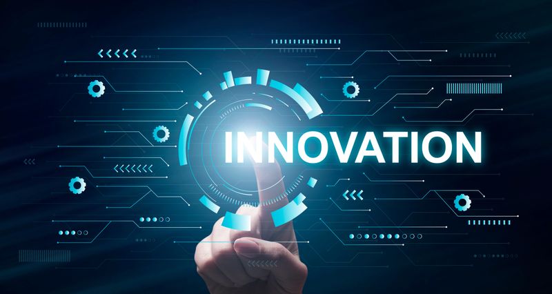 Innovation Concept. Businessman Pointing On Virtual Display, Panorama