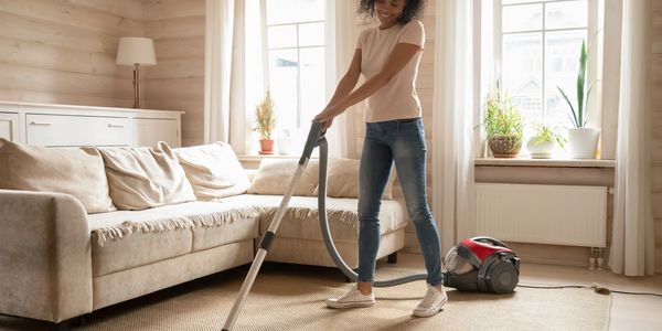 Woman vacuuming a cozy living room with natural light and plants.