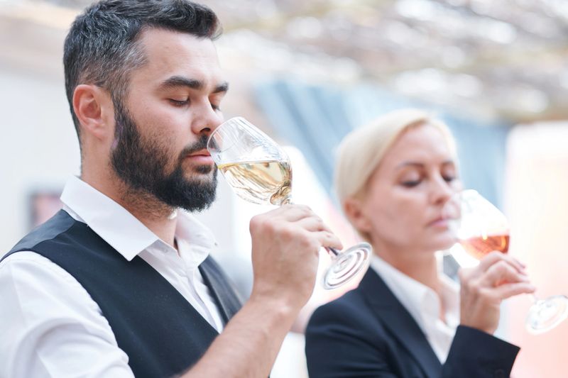 Young bearded male sommelier and his female colleague smelling new sorts of wine in wineglasses before tasting it