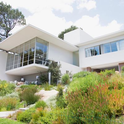 Modern white house with large glass windows surrounded by lush greenery.