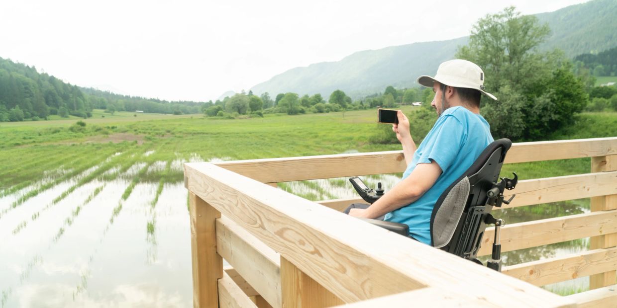 A man in a wheelchair enjoying nature while looking at his phone.