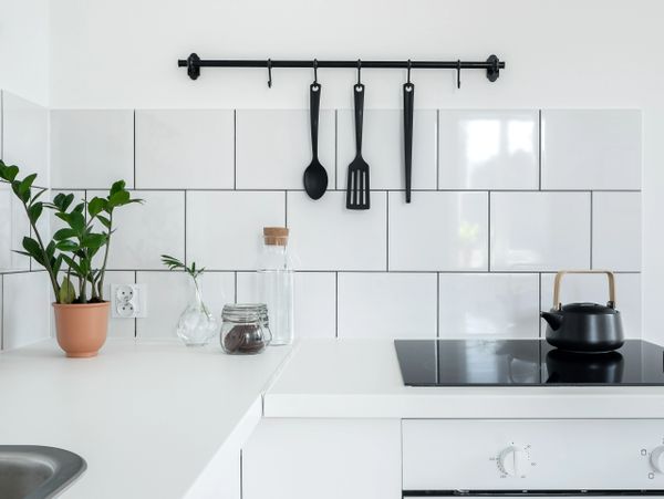 Minimalist white kitchen with black utensils and a potted plant.