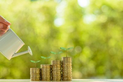 Hand watering stacks of coins with small plants growing on top.