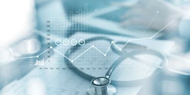 Stethoscope with financial and medical analytics overlay.