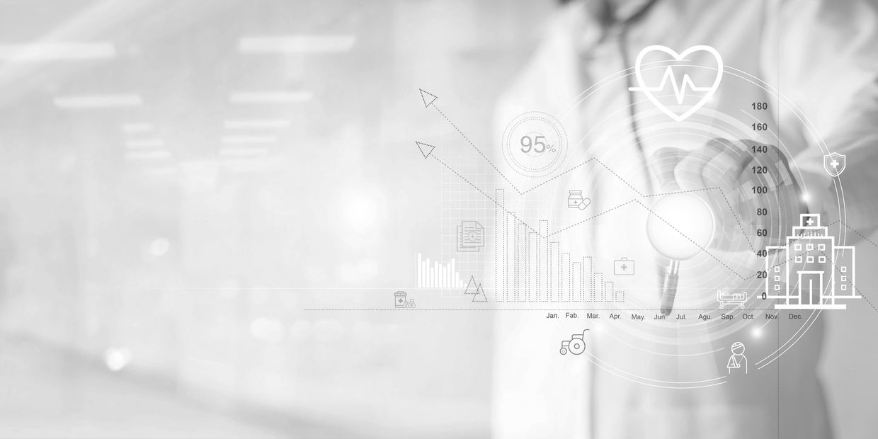 Doctor interacting with digital healthcare data and analytics.
