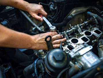 Hands using a wrench to repair a car engine.