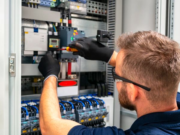 Electrician working on an electrical panel wearing gloves and safety glasses.