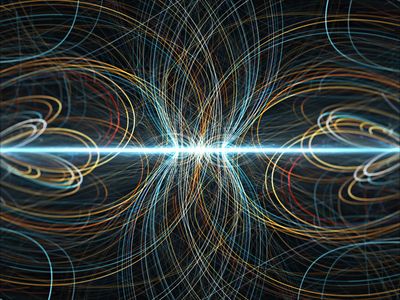 Abstract symmetrical light patterns reflecting across a central boundary.