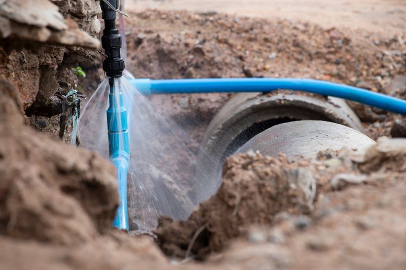 Water pipe break .Exposing a burst water main, focused on the spraying water and the pipe.