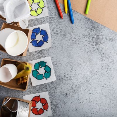 Recycling symbols with colored pencils and trash on a textured surface.