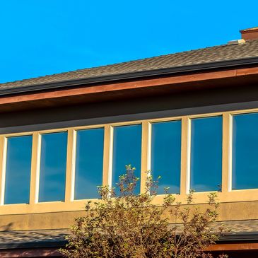 A building with large windows reflecting the blue sky and a tree in front.