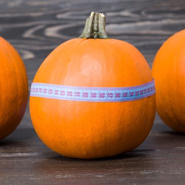 A pumpkin with a tape measure around its circumference.