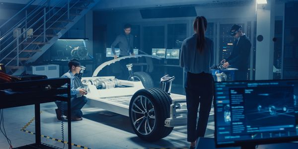 Engineers work on an electric vehicle chassis in a high-tech lab.