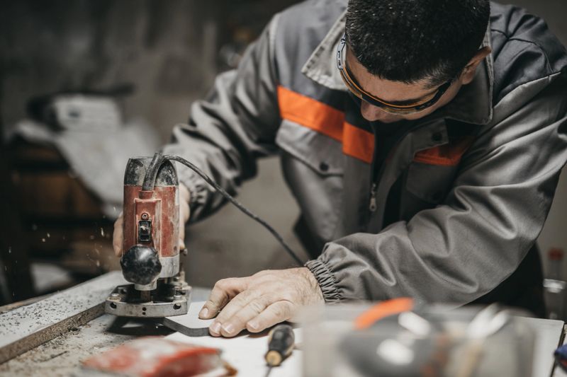 Mid adult man working with wood router in a workshop. Wearing work suit and protective glasses.