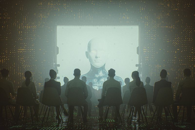 Futuristic cyborg religion and control. Image on the projection screen is my own render, already approved and in my portfolio. This is entirely 3D generated image.