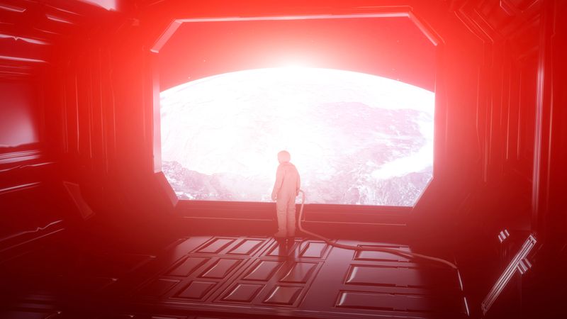 alone astronaut in futuristic space corridor, room. view of the earth. 3d rendering.