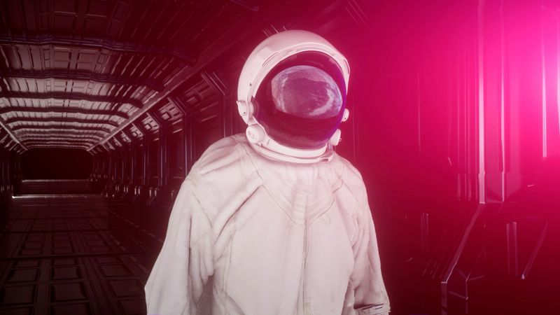 Alone astronaut looks at the planet earth in futuristic interior, the planet earth reflects in a spacesuit helmet. Cinematic 3d illustration for scientific programs on space, planet earth and others.