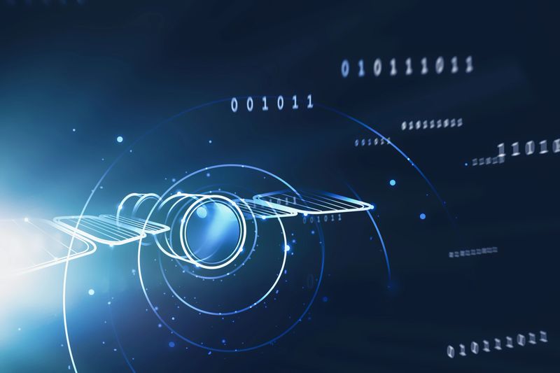 Glowing satellite hologram and lines of code over dark blue background. Concept of telecommunication and internet. 3d rendering toned image