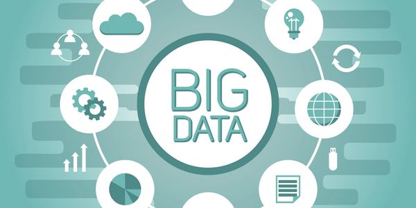 Illustration of big data concepts with related icons arranged in a circle.