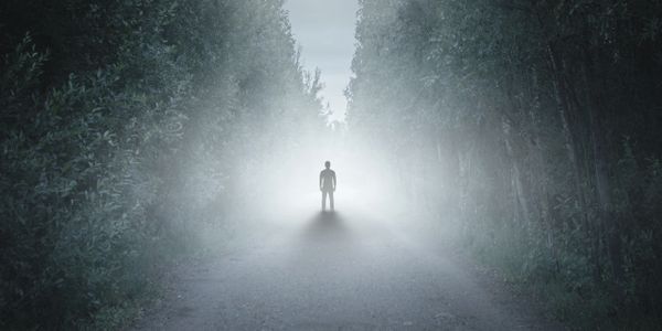 Silhouette of a person standing on a foggy path under a full moon.