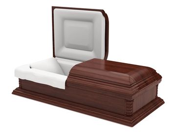 A large pet casket featuring a white cushioned interior and rich wood finish, created for pets weigh