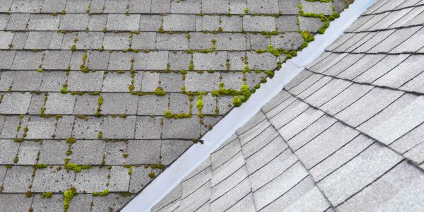 Roof with moss and clean shingles separated by a metal divider.