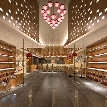 Elegant wine bar with modern lighting and glass walls.