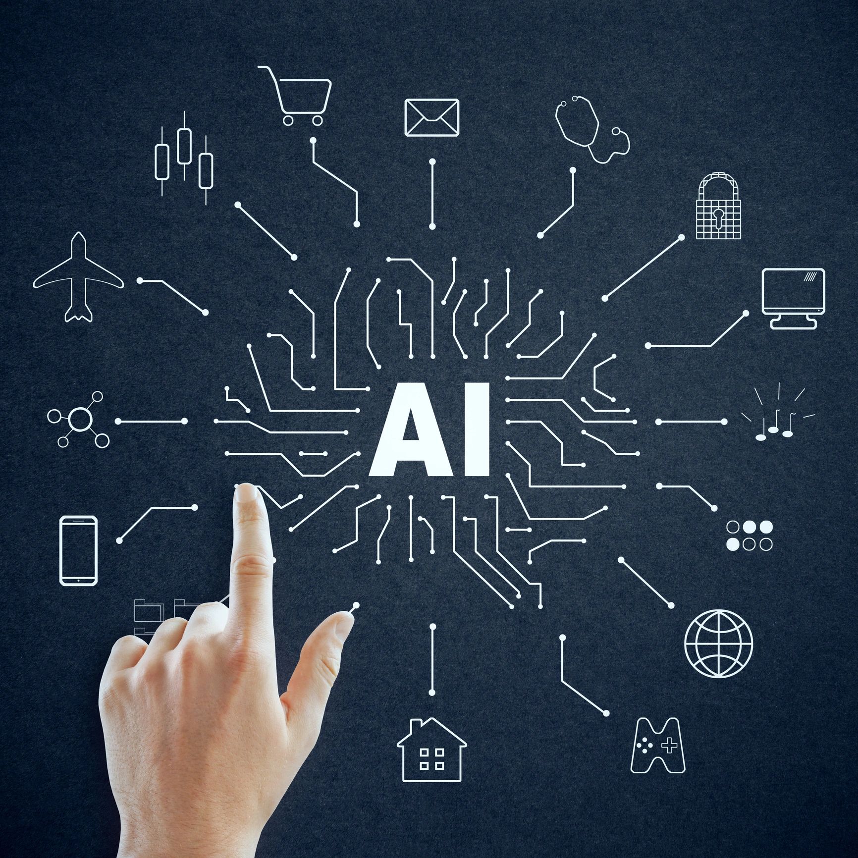 Hand pointing at AI technology icons representing various industries and applications.