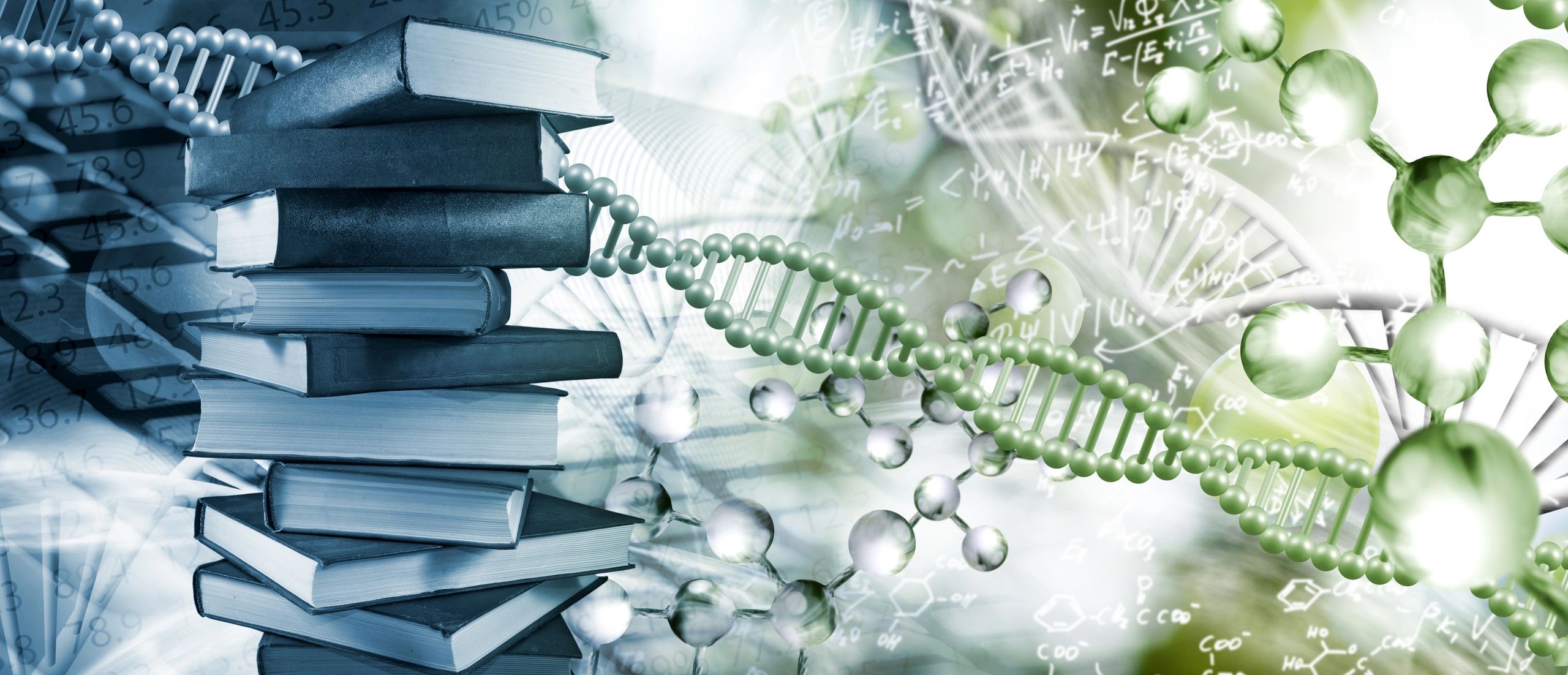 Stack of books with DNA strands and molecular structures symbolizing scientific knowledge.
