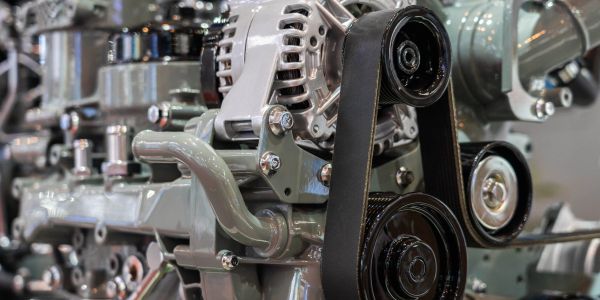 Close-up of a car engine belt and pulleys.