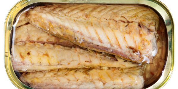 Open tin of canned mackerel fish in oil.