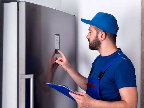 Technician checking and adjusting settings on a modern refrigerator.