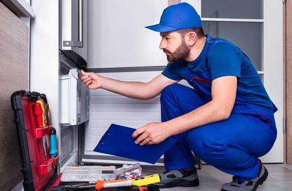 Repairman in uniform fixing a refrigerator or freezer.