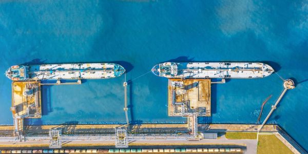 Aerial view of docked cargo ships at a port.